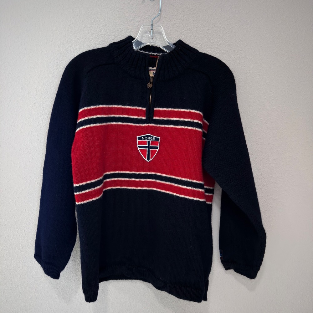 Vintage Dale of Norway Quarter Zip Sweater Navy Red Nordic Preppy Norge Patch S